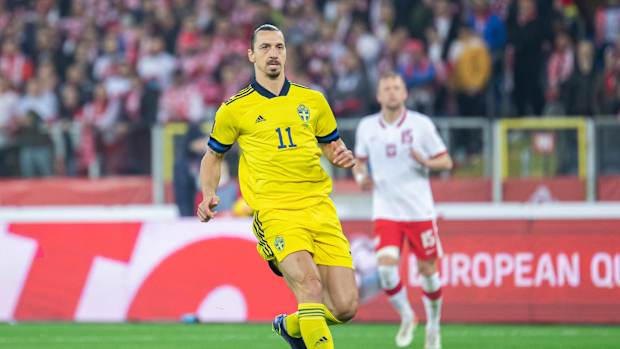 Zlatan Ibrahimovic pictured playing for Sweden against Poland in March 2022